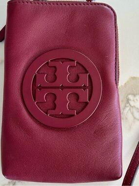 Tory Burch Burgundy Leather Logo Crossbody Wallet